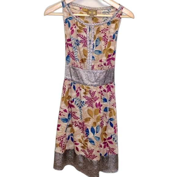 XXI Beige Floral Pattern Cotton Sleeveless Keyhole Neckline Belted Dress Size M - Picture 1 of 11